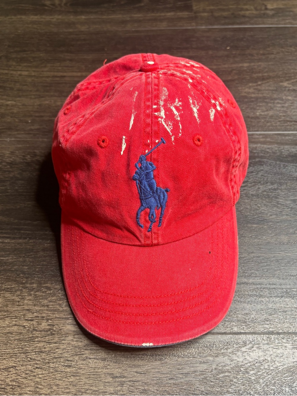 Vtg Polo Ralph Lauren Big Pony Hat Mens One Size Cotton Red Paint Stains